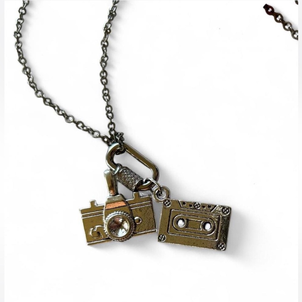 Silver Camera, Cassette Charms on Diamond Carabiner Necklace